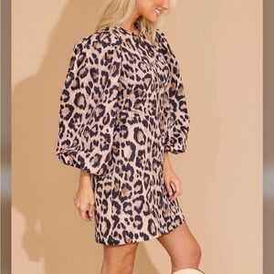 Leopard Print Mini Dress with Puff Sleeves - Beige/Black